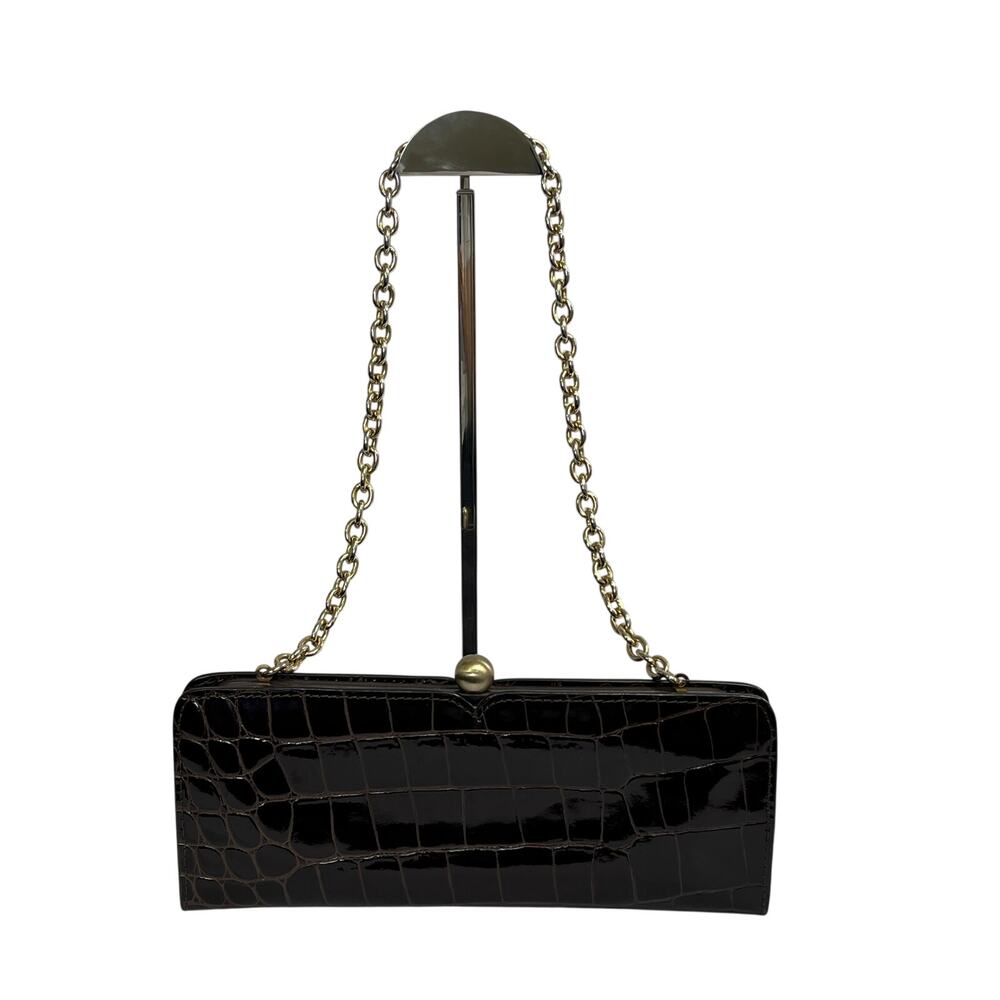 Sondra Roberts Brown Crocodile Embossed Leather Chain Clutch Handbag